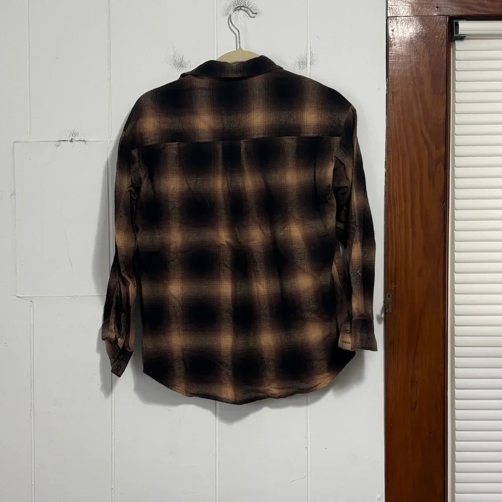 Gap Teen Kids XL 12 Brown Black Plaid‎ Flannel Organic Cotton Button Down Shirt